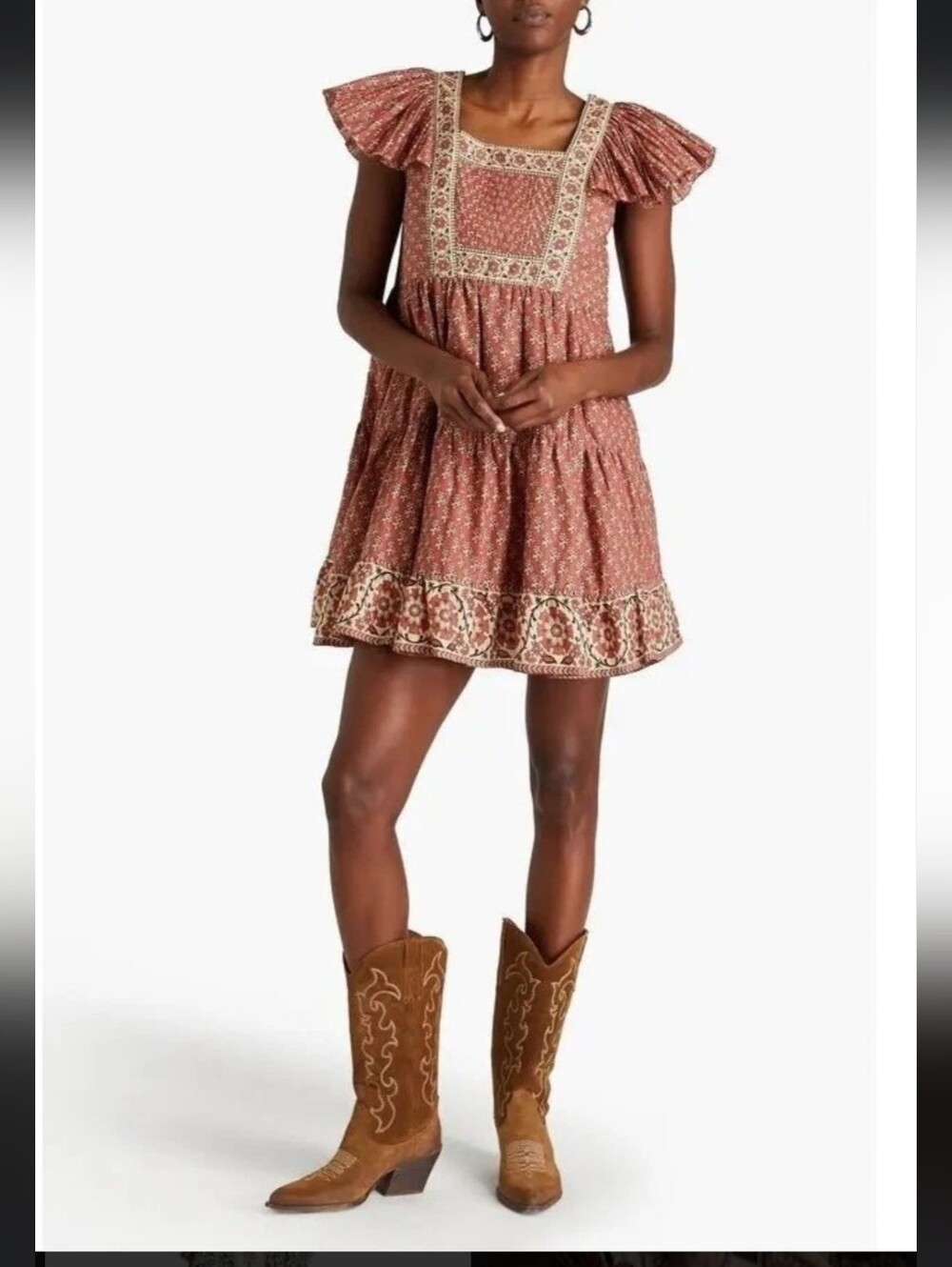 Sea New York Rust Floral Square-Yoke Mini Dress
